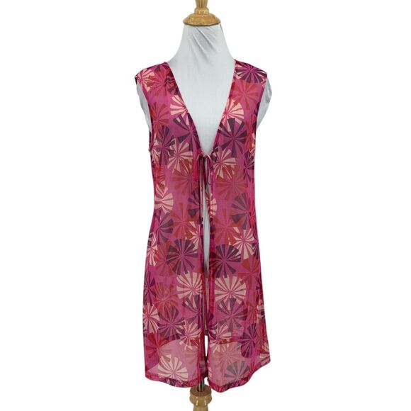 BCBGMaxazria Cover Up Womens M Medium Pink Multi Mesh Sleeveless Beach Tie Front - Picture 1 of 14